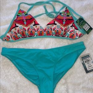 Eidon Turquoise & Multicolor Kathmandu bikini top S, solid exhuma bottom XS